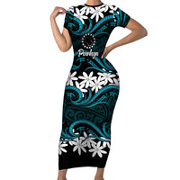 Personalised Cook Islands Penrhyn Atoll Short Sleeve Bodycon Dress Tiare Maori Polynesian Waves Tattoo