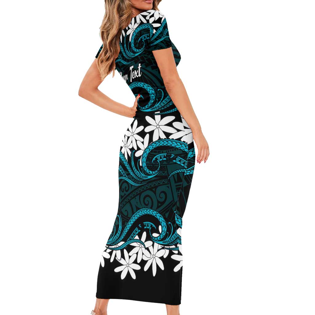 Personalised Cook Islands Penrhyn Atoll Short Sleeve Bodycon Dress Tiare Maori Polynesian Waves Tattoo