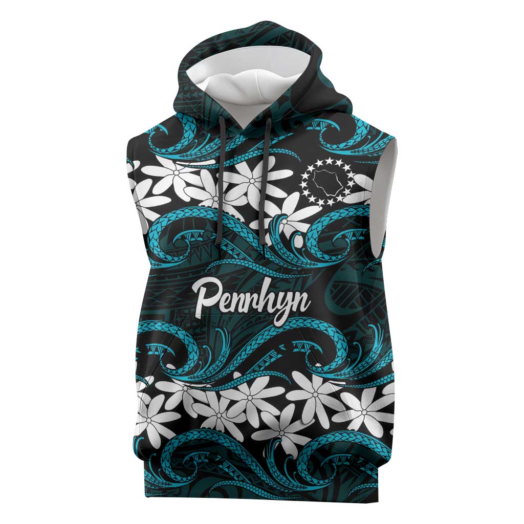 Personalised Cook Islands Penrhyn Atoll Sleeveless Hoodie Tiare Maori Polynesian Waves Tattoo LT14 Blue - Polynesian Pride