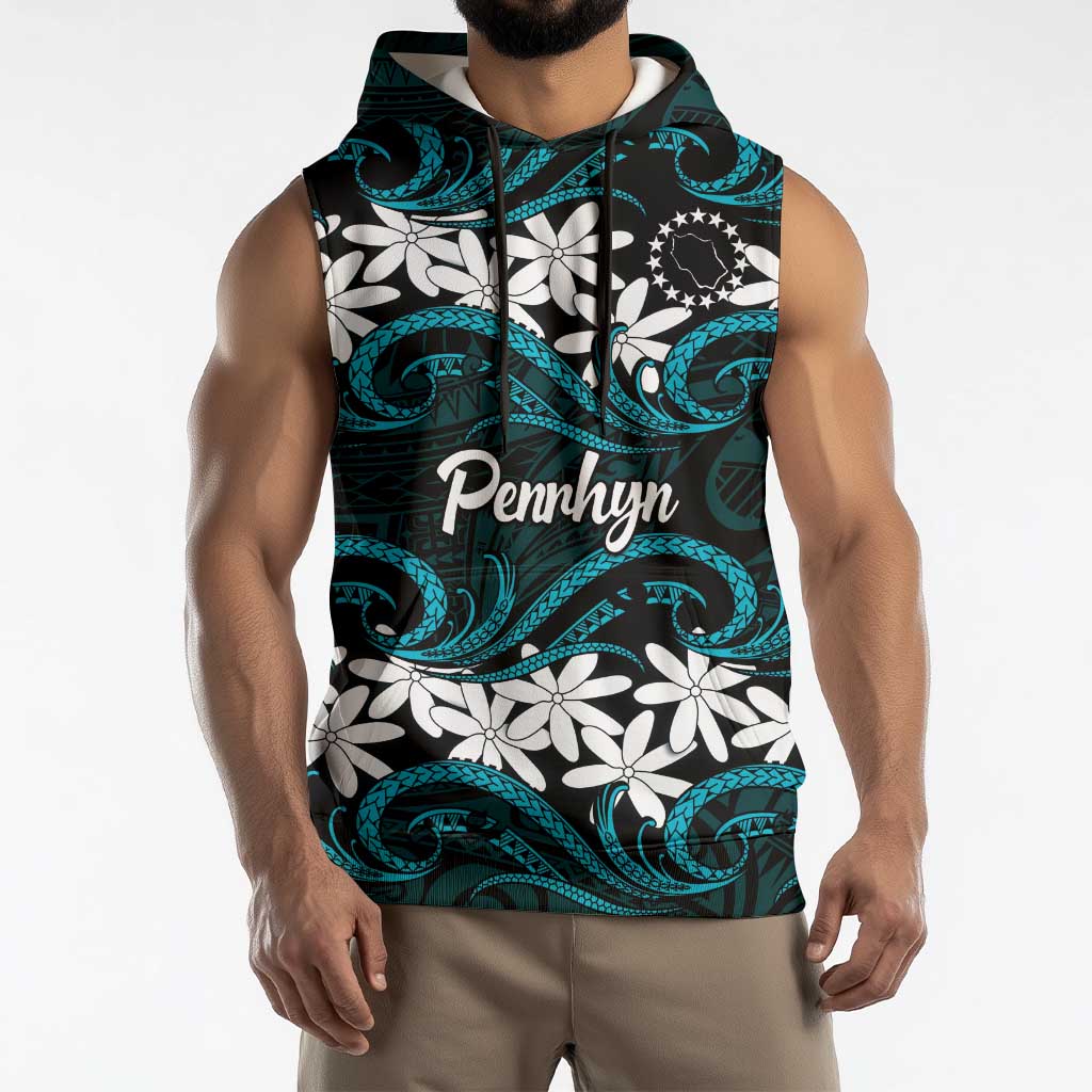 Personalised Cook Islands Penrhyn Atoll Sleeveless Hoodie Tiare Maori Polynesian Waves Tattoo LT14 - Polynesian Pride