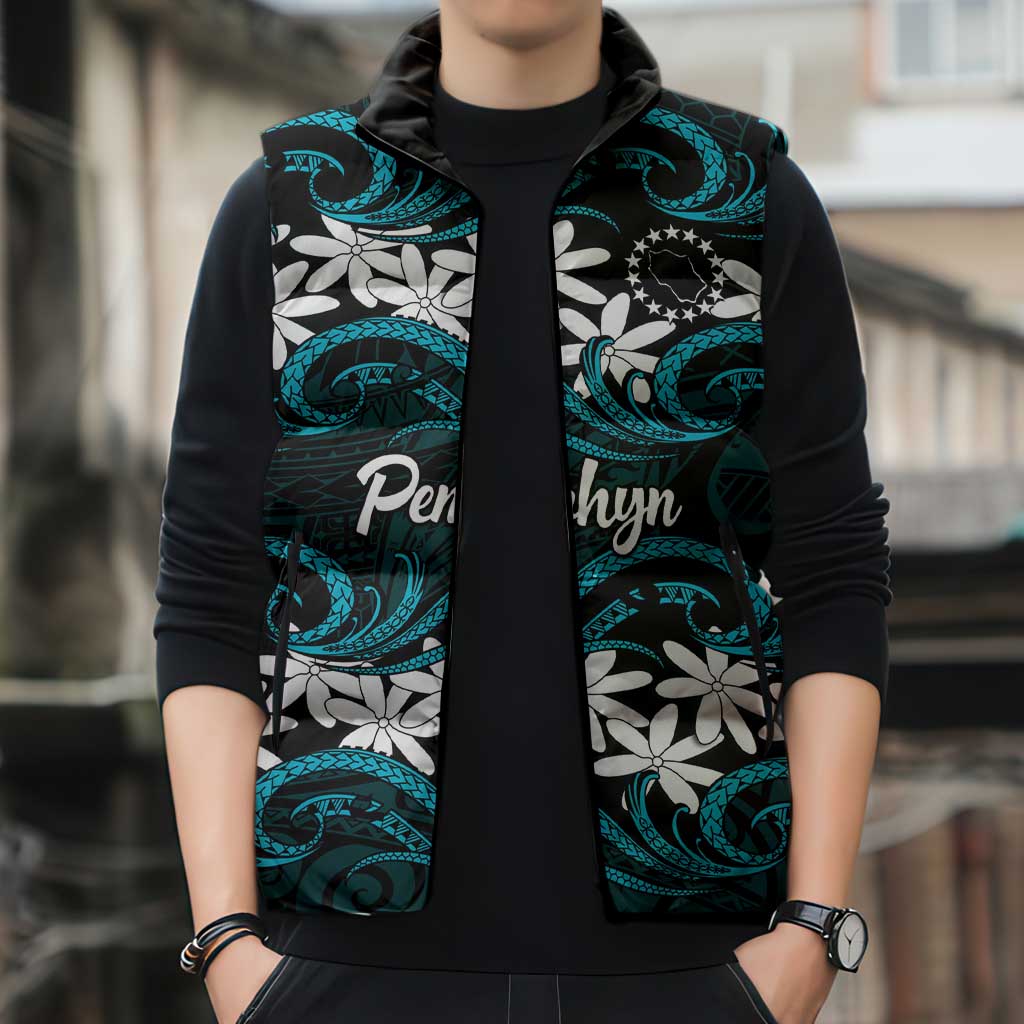 Personalised Cook Islands Penrhyn Atoll Sleeveless Puffer Jacket Tiare Maori Polynesian Waves Tattoo