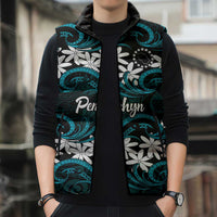 Personalised Cook Islands Penrhyn Atoll Sleeveless Puffer Jacket Tiare Maori Polynesian Waves Tattoo
