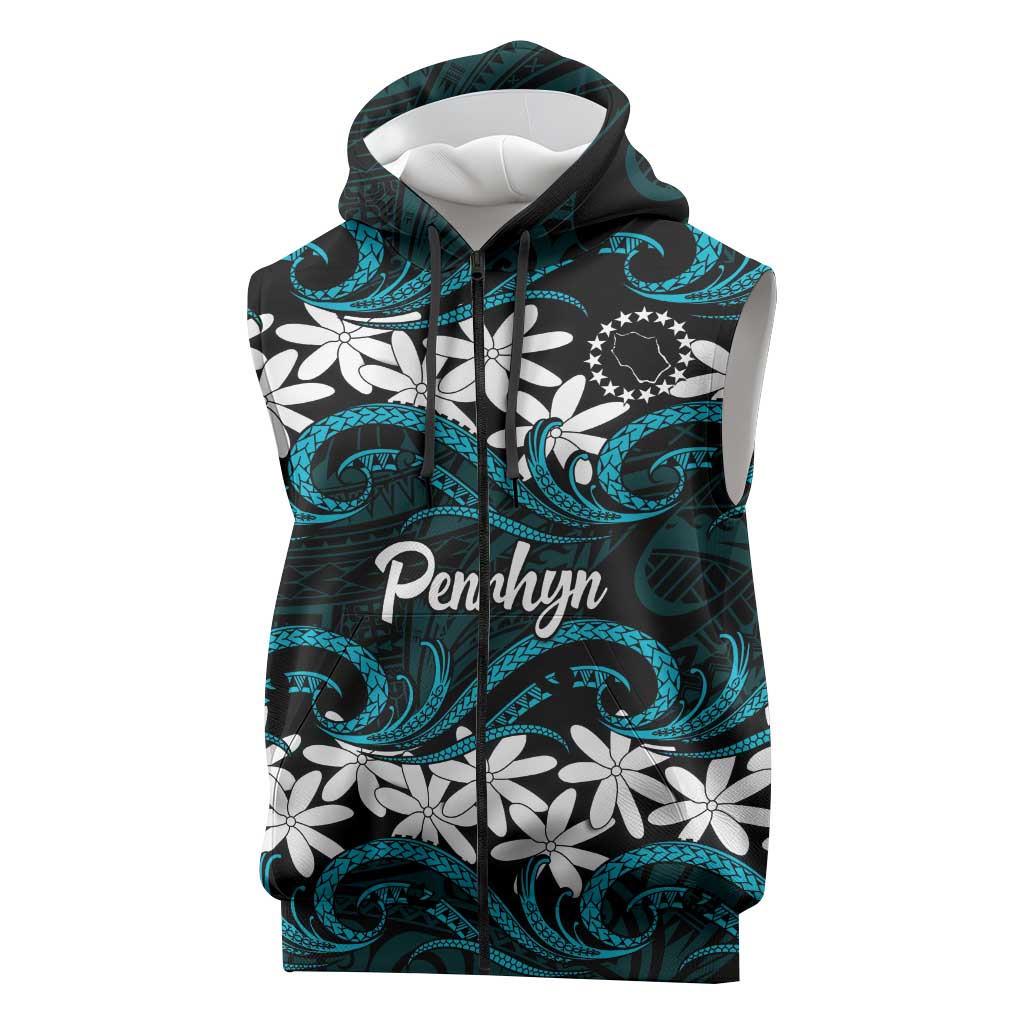 Personalised Cook Islands Penrhyn Atoll Sleeveless Zip Hoodie Tiare Maori Polynesian Waves Tattoo