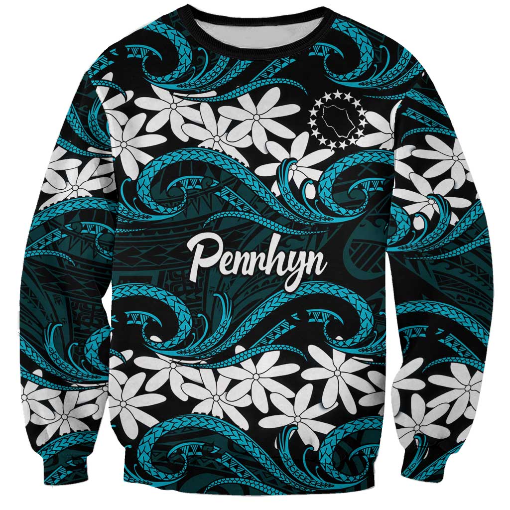Personalised Cook Islands Penrhyn Atoll Sweatshirt Tiare Maori Polynesian Waves Tattoo LT14 Unisex Blue - Polynesian Pride