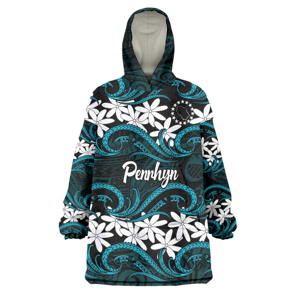 Personalised Cook Islands Penrhyn Atoll Wearable Blanket Hoodie Tiare Maori Polynesian Waves Tattoo