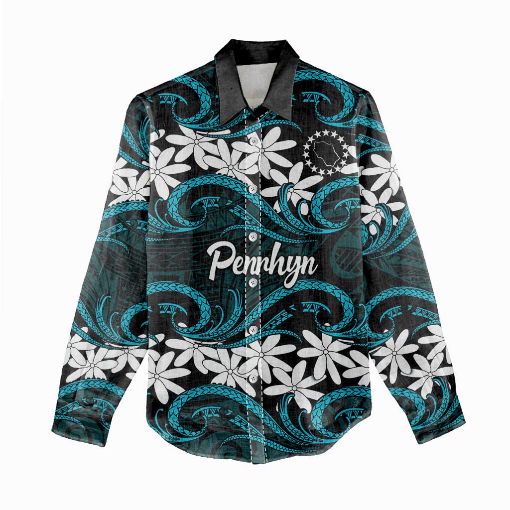 Personalised Cook Islands Penrhyn Atoll Women Casual Shirt Tiare Maori Polynesian Waves Tattoo