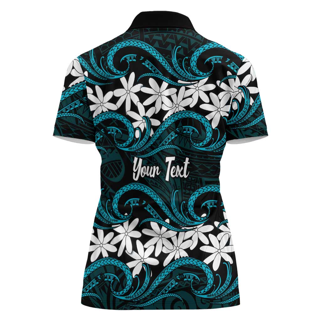 Personalised Cook Islands Penrhyn Atoll Women Polo Shirt Tiare Maori Polynesian Waves Tattoo