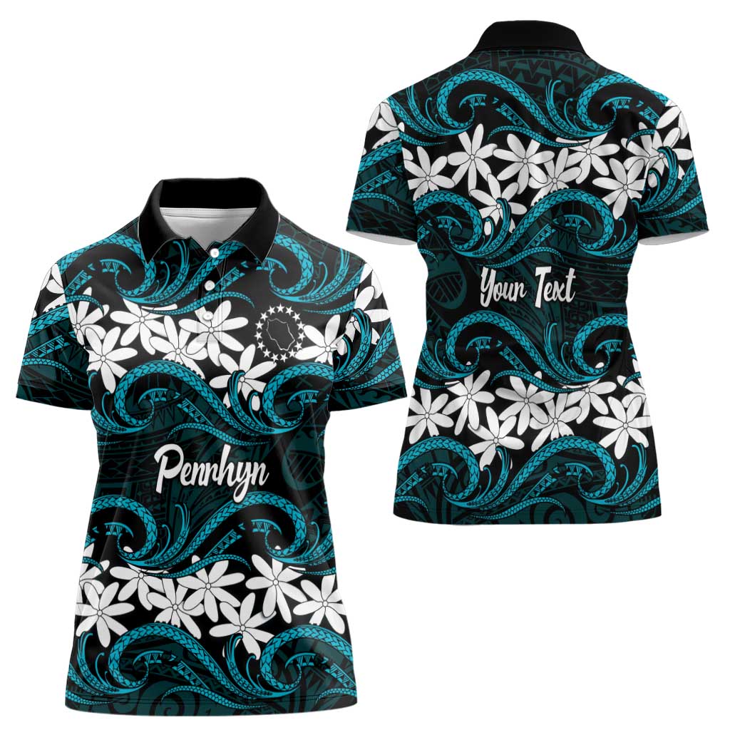 Personalised Cook Islands Penrhyn Atoll Women Polo Shirt Tiare Maori Polynesian Waves Tattoo