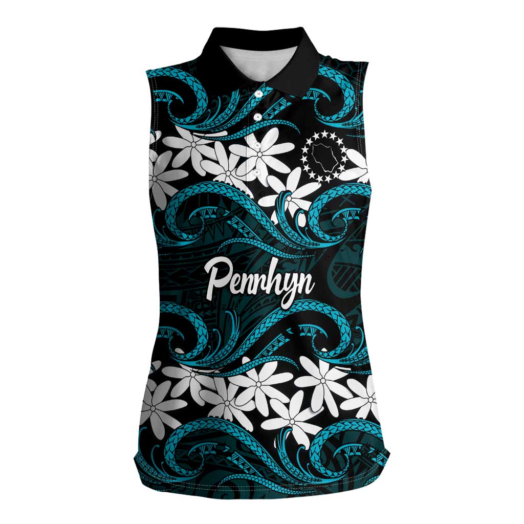 Personalised Cook Islands Penrhyn Atoll Women Sleeveless Polo Shirt Tiare Maori Polynesian Waves Tattoo