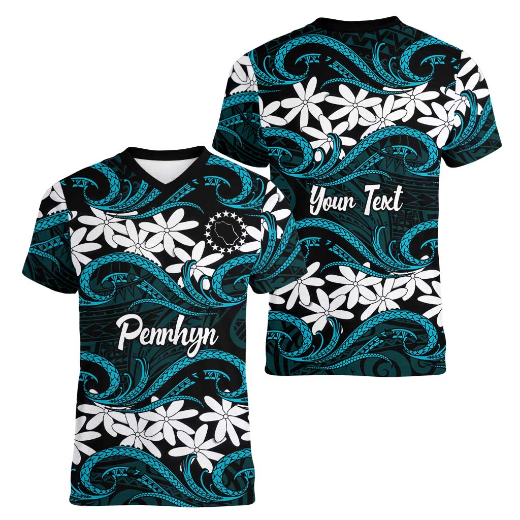 Personalised Cook Islands Penrhyn Atoll Women V-Neck T-Shirt Tiare Maori Polynesian Waves Tattoo