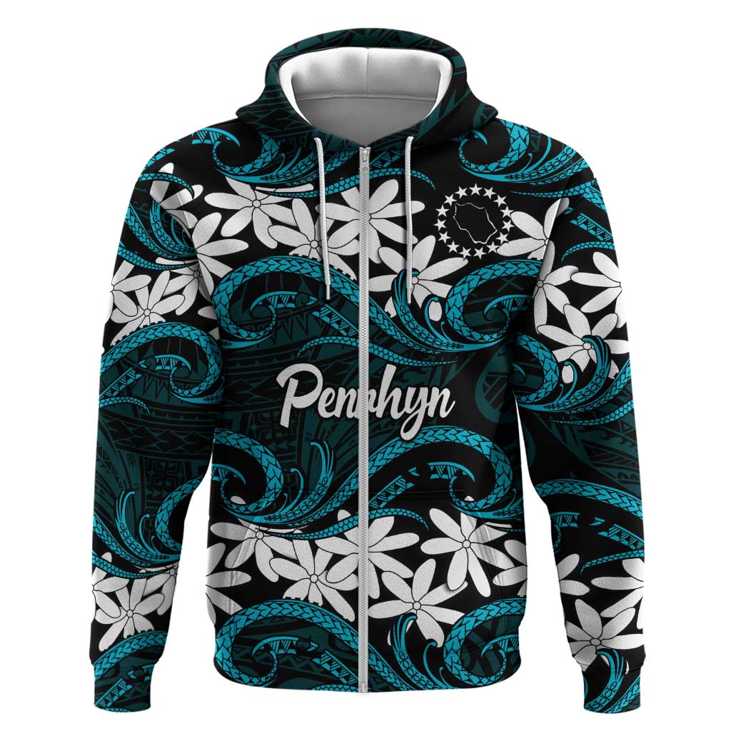 Personalised Cook Islands Penrhyn Atoll Zip Hoodie Tiare Maori Polynesian Waves Tattoo
