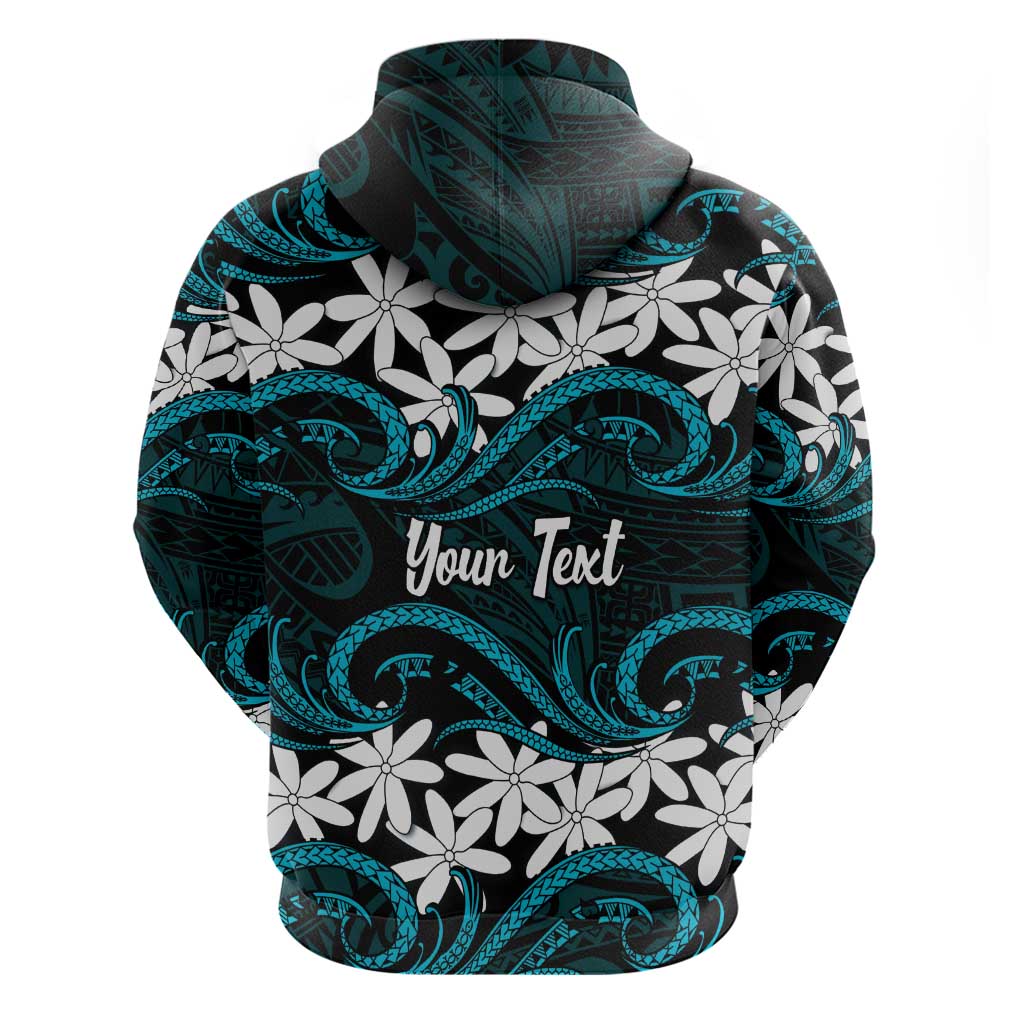 Personalised Cook Islands Penrhyn Atoll Zip Hoodie Tiare Maori Polynesian Waves Tattoo