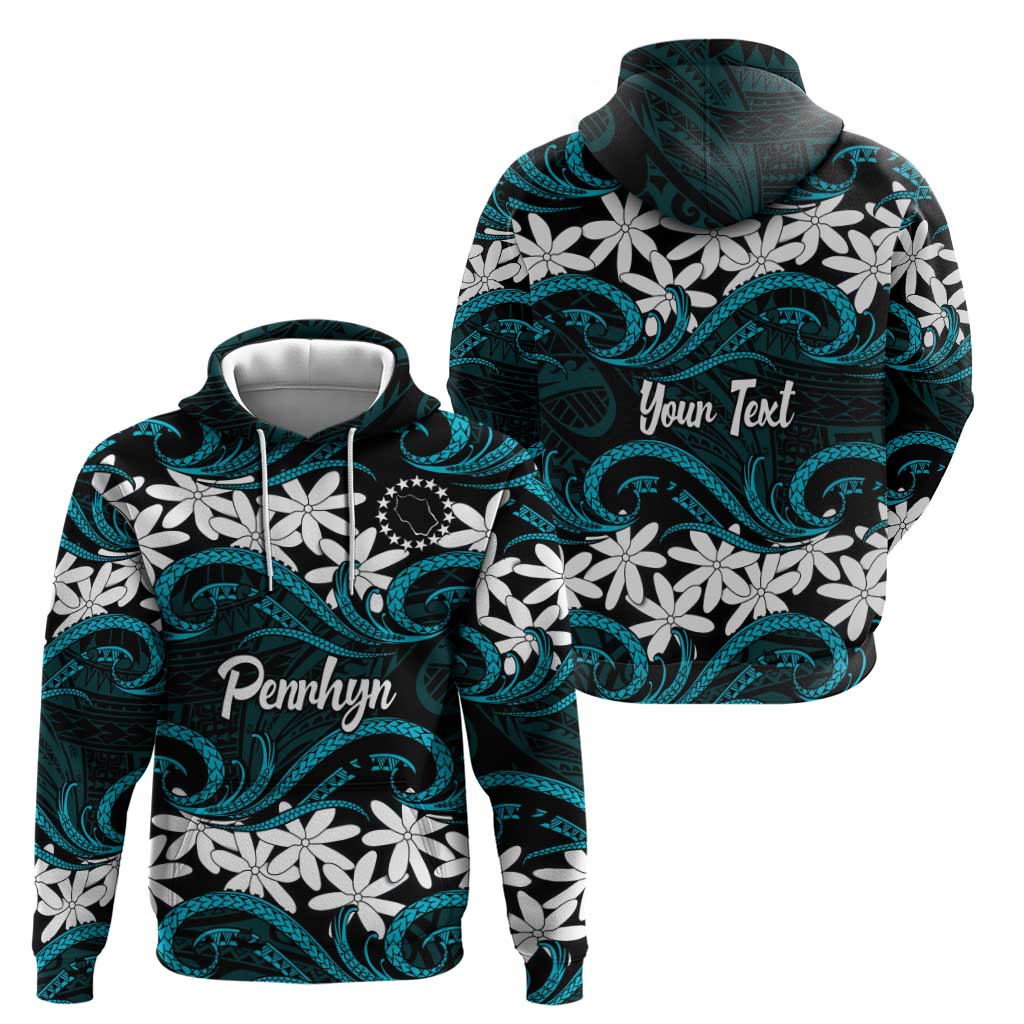Personalised Cook Islands Penrhyn Atoll Zip Hoodie Tiare Maori Polynesian Waves Tattoo