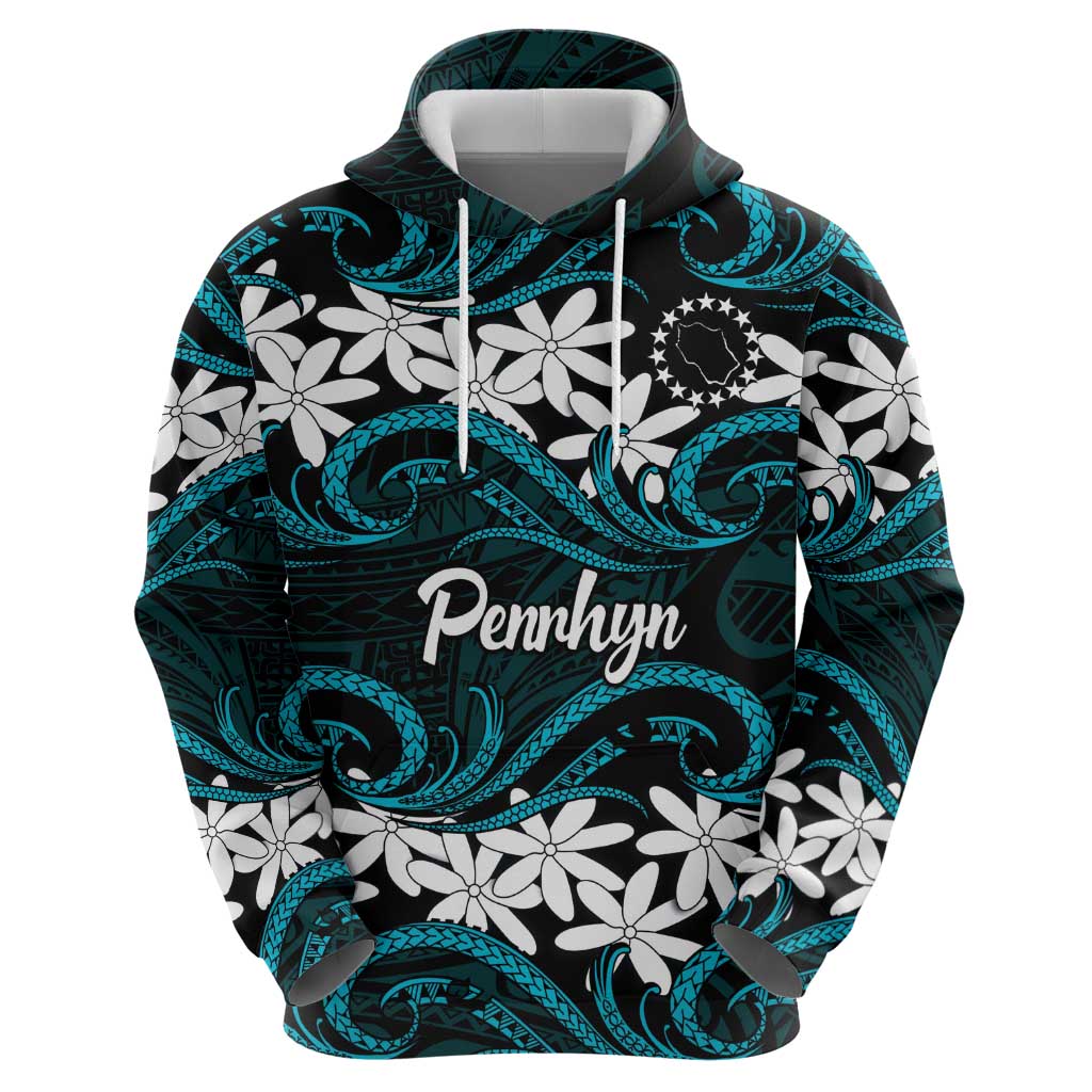 Personalised Cook Islands Penrhyn Atoll Zip Hoodie Tiare Maori Polynesian Waves Tattoo