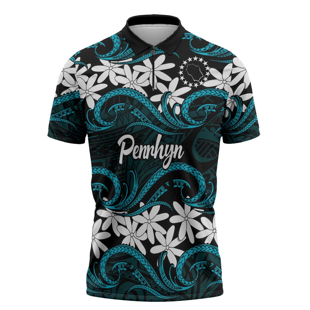 Personalised Cook Islands Penrhyn Atoll Zipper Polo Shirt Tiare Maori Polynesian Waves Tattoo