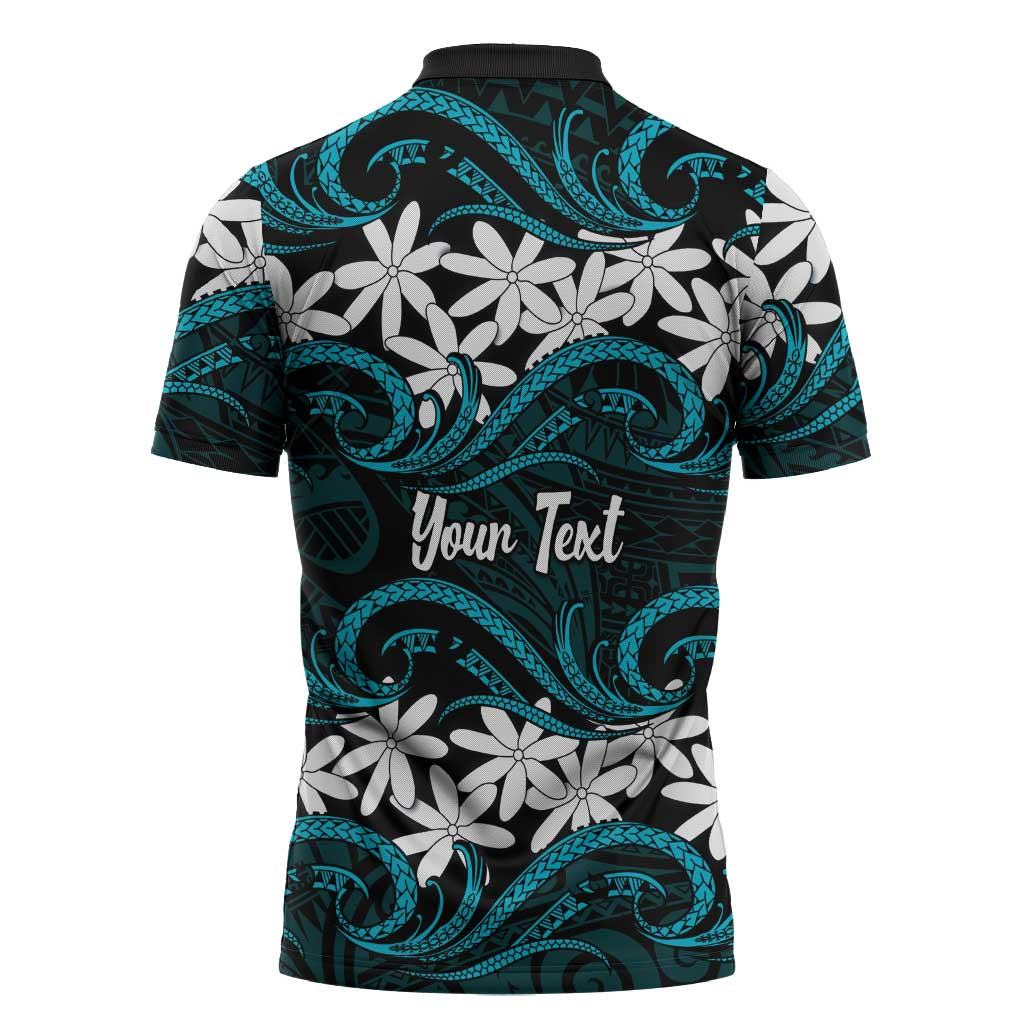 Personalised Cook Islands Penrhyn Atoll Zipper Polo Shirt Tiare Maori Polynesian Waves Tattoo