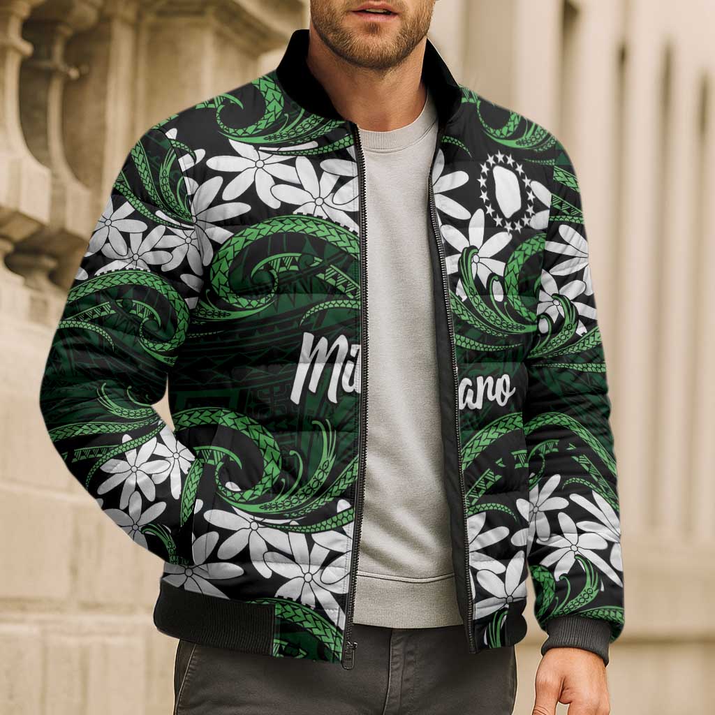 Personalised Cook Islands Mitiaro Bomber Puffer Jacket Tiare Maori Polynesian Waves Tattoo
