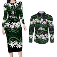 Personalised Cook Islands Mitiaro Couples Matching Long Sleeve Bodycon Dress and Long Sleeve Button Shirt Tiare Maori Polynesian Waves Tattoo