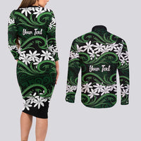 Personalised Cook Islands Mitiaro Couples Matching Long Sleeve Bodycon Dress and Long Sleeve Button Shirt Tiare Maori Polynesian Waves Tattoo