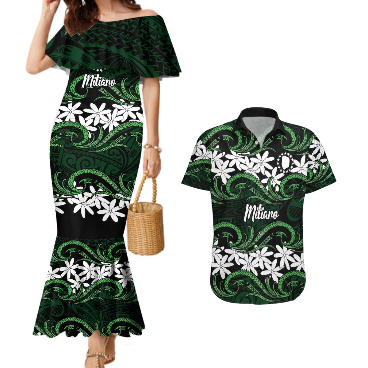 Personalised Cook Islands Mitiaro Couples Matching Mermaid Dress and Hawaiian Shirt Tiare Maori Polynesian Waves Tattoo