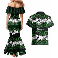 Personalised Cook Islands Mitiaro Couples Matching Mermaid Dress and Hawaiian Shirt Tiare Maori Polynesian Waves Tattoo