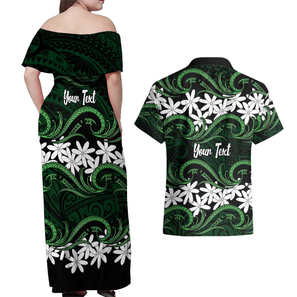 Personalised Cook Islands Mitiaro Couples Matching Off Shoulder Maxi Dress and Hawaiian Shirt Tiare Maori Polynesian Waves Tattoo
