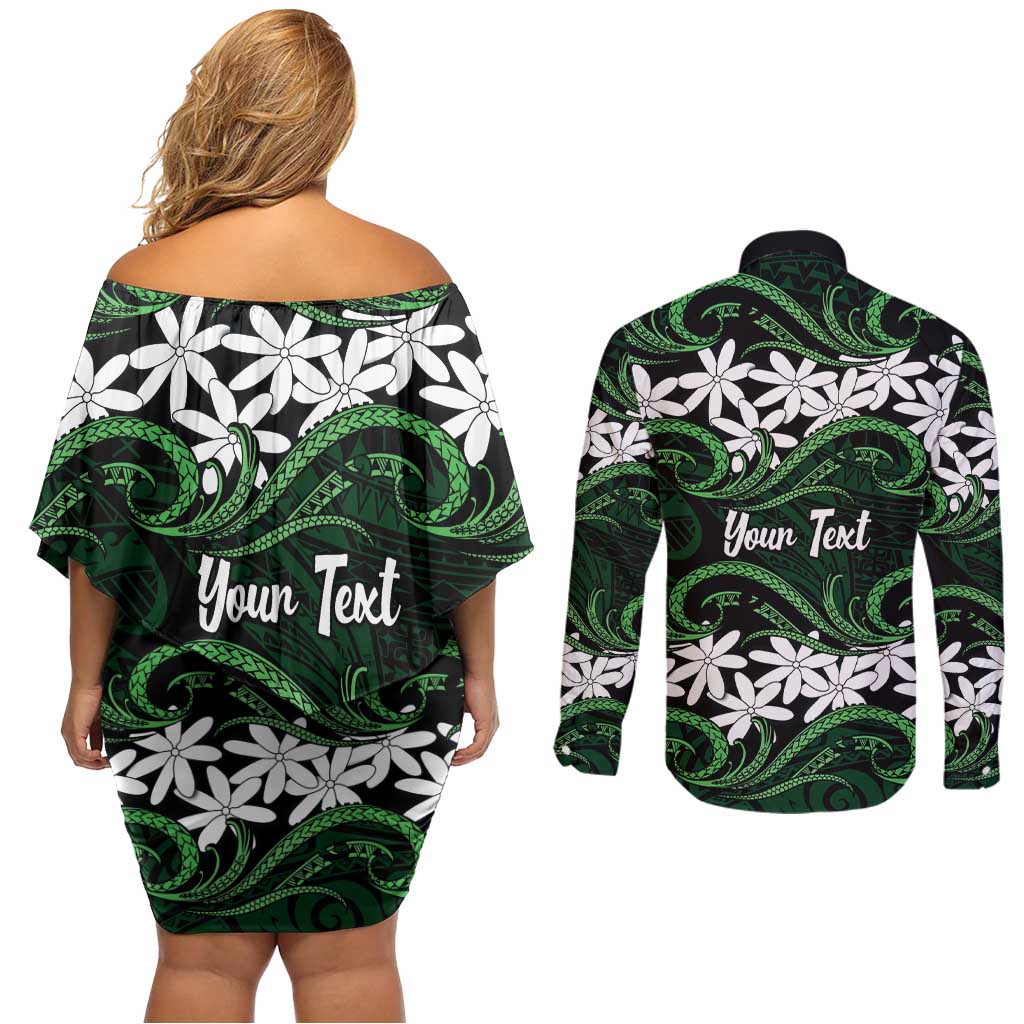 Personalised Cook Islands Mitiaro Couples Matching Off Shoulder Short Dress and Long Sleeve Button Shirt Tiare Maori Polynesian Waves Tattoo