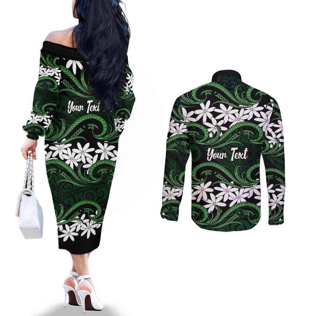 Personalised Cook Islands Mitiaro Couples Matching Off The Shoulder Long Sleeve Dress and Long Sleeve Button Shirt Tiare Maori Polynesian Waves Tattoo