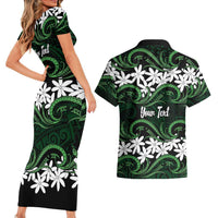 Personalised Cook Islands Mitiaro Couples Matching Short Sleeve Bodycon Dress and Hawaiian Shirt Tiare Maori Polynesian Waves Tattoo