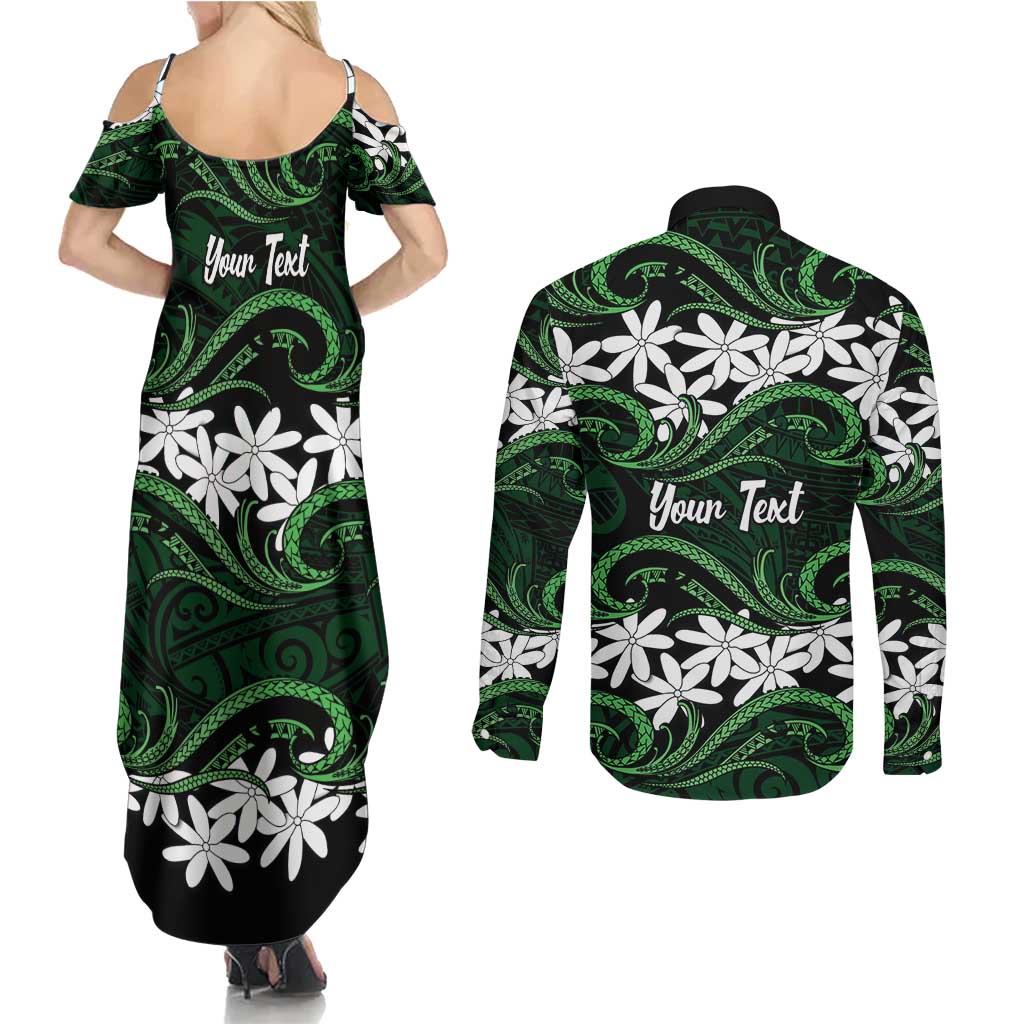 Personalised Cook Islands Mitiaro Couples Matching Summer Maxi Dress and Long Sleeve Button Shirt Tiare Maori Polynesian Waves Tattoo