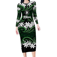 Personalised Cook Islands Mitiaro Family Matching Long Sleeve Bodycon Dress and Hawaiian Shirt Tiare Maori Polynesian Waves Tattoo
