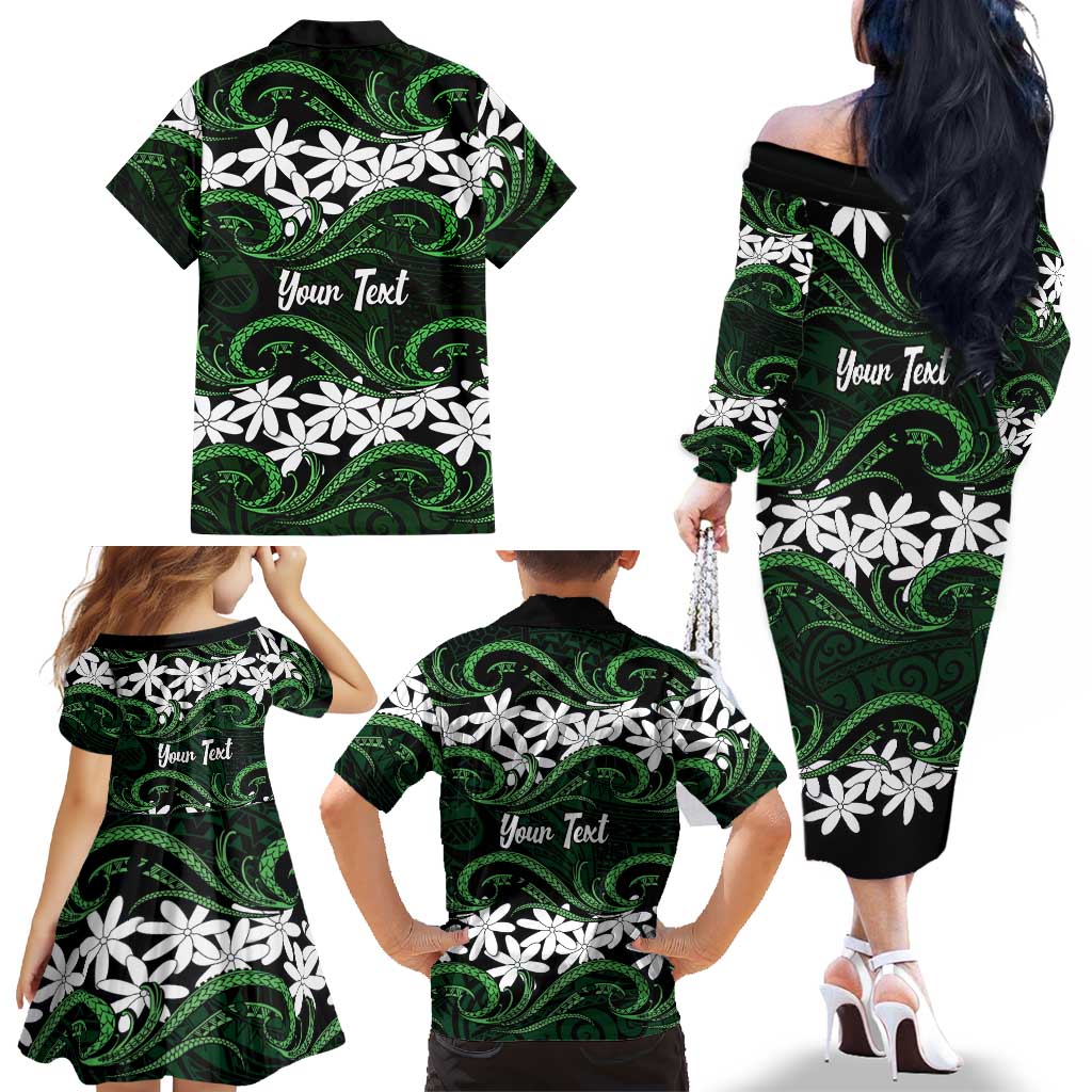 Personalised Cook Islands Mitiaro Family Matching Off The Shoulder Long Sleeve Dress and Hawaiian Shirt Tiare Maori Polynesian Waves Tattoo