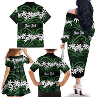 Personalised Cook Islands Mitiaro Family Matching Off The Shoulder Long Sleeve Dress and Hawaiian Shirt Tiare Maori Polynesian Waves Tattoo