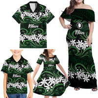 Personalised Cook Islands Mitiaro Family Matching Off Shoulder Maxi Dress and Hawaiian Shirt Tiare Maori Polynesian Waves Tattoo