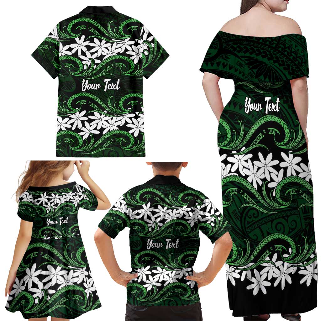 Personalised Cook Islands Mitiaro Family Matching Off Shoulder Maxi Dress and Hawaiian Shirt Tiare Maori Polynesian Waves Tattoo