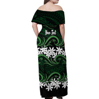 Personalised Cook Islands Mitiaro Family Matching Off Shoulder Maxi Dress and Hawaiian Shirt Tiare Maori Polynesian Waves Tattoo