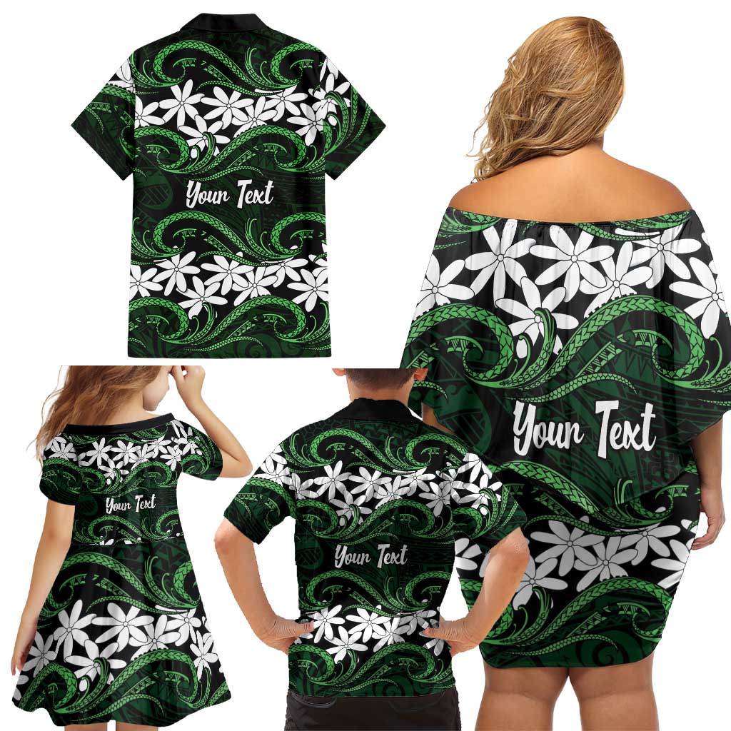 Personalised Cook Islands Mitiaro Family Matching Off Shoulder Short Dress and Hawaiian Shirt Tiare Maori Polynesian Waves Tattoo