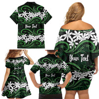 Personalised Cook Islands Mitiaro Family Matching Off Shoulder Short Dress and Hawaiian Shirt Tiare Maori Polynesian Waves Tattoo