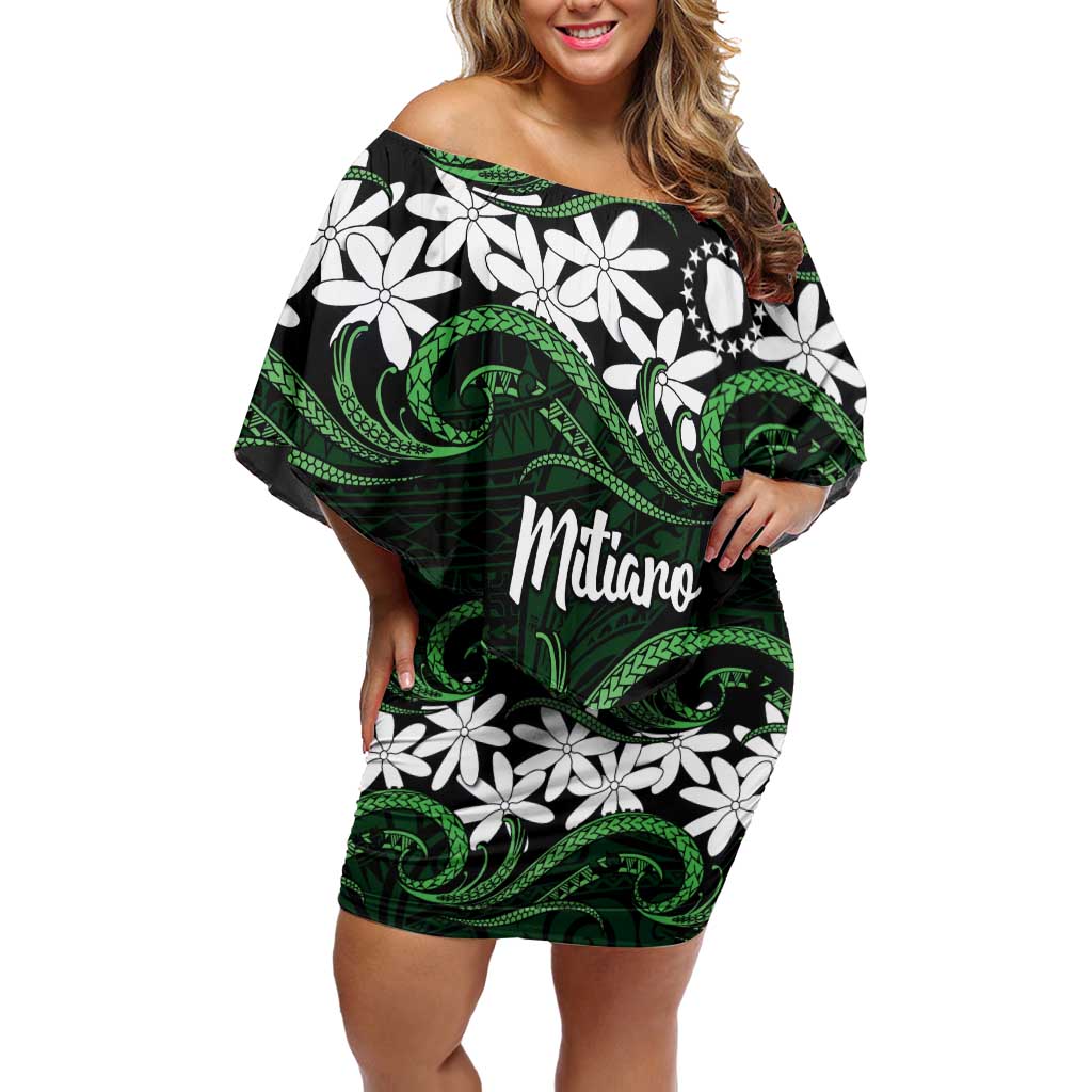 Personalised Cook Islands Mitiaro Family Matching Off Shoulder Short Dress and Hawaiian Shirt Tiare Maori Polynesian Waves Tattoo