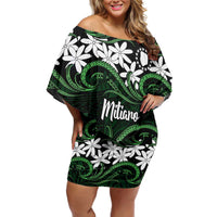 Personalised Cook Islands Mitiaro Family Matching Off Shoulder Short Dress and Hawaiian Shirt Tiare Maori Polynesian Waves Tattoo