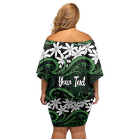 Personalised Cook Islands Mitiaro Family Matching Off Shoulder Short Dress and Hawaiian Shirt Tiare Maori Polynesian Waves Tattoo
