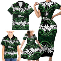 Personalised Cook Islands Mitiaro Family Matching Short Sleeve Bodycon Dress and Hawaiian Shirt Tiare Maori Polynesian Waves Tattoo