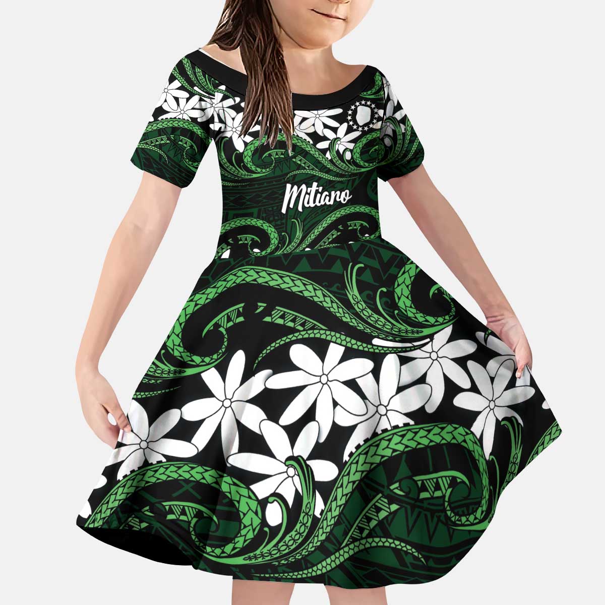Personalised Cook Islands Mitiaro Kid Short Sleeve Dress Tiare Maori Polynesian Waves Tattoo