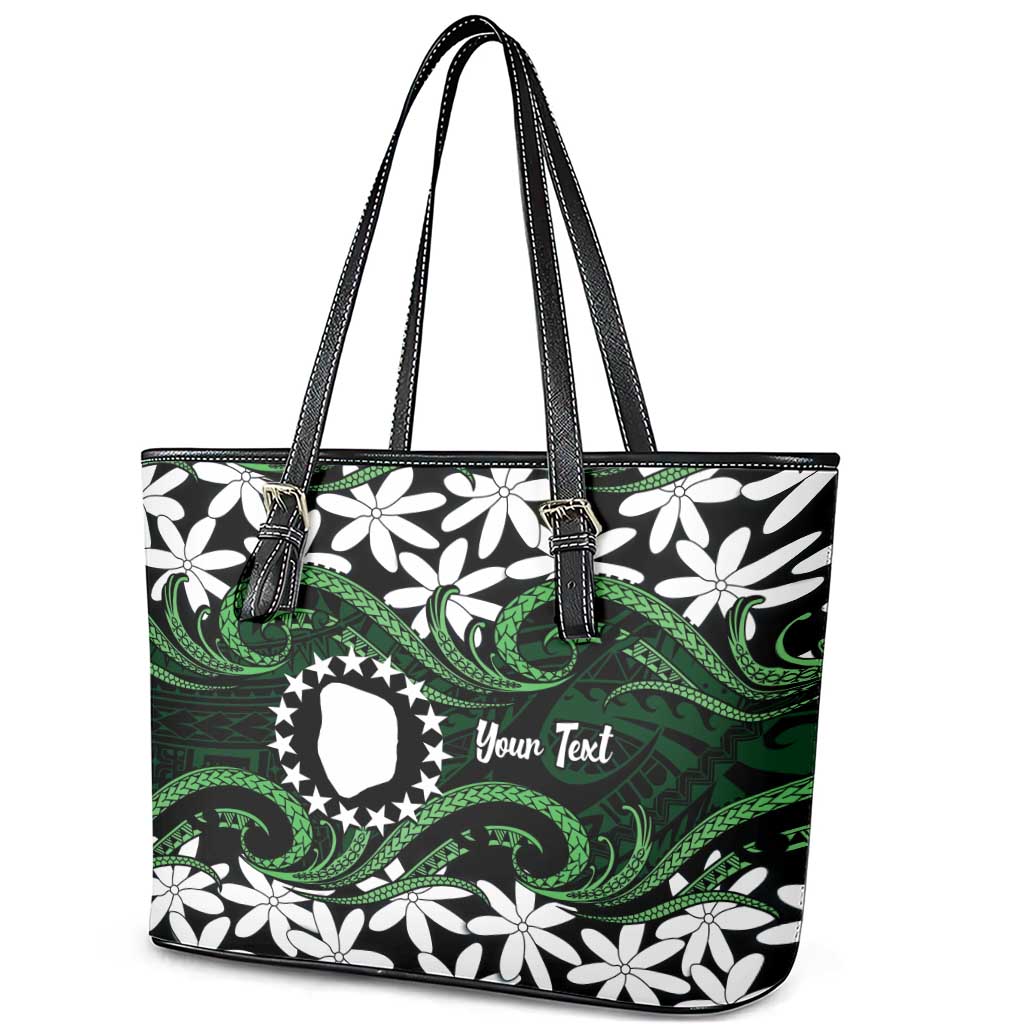 Personalised Cook Islands Mitiaro Leather Tote Bag Tiare Maori Polynesian Waves Tattoo