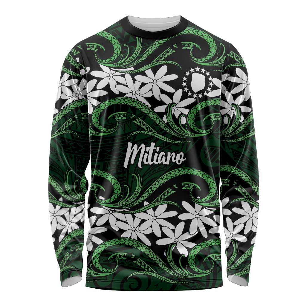 Personalised Cook Islands Mitiaro Long Sleeve Shirt Tiare Maori Polynesian Waves Tattoo
