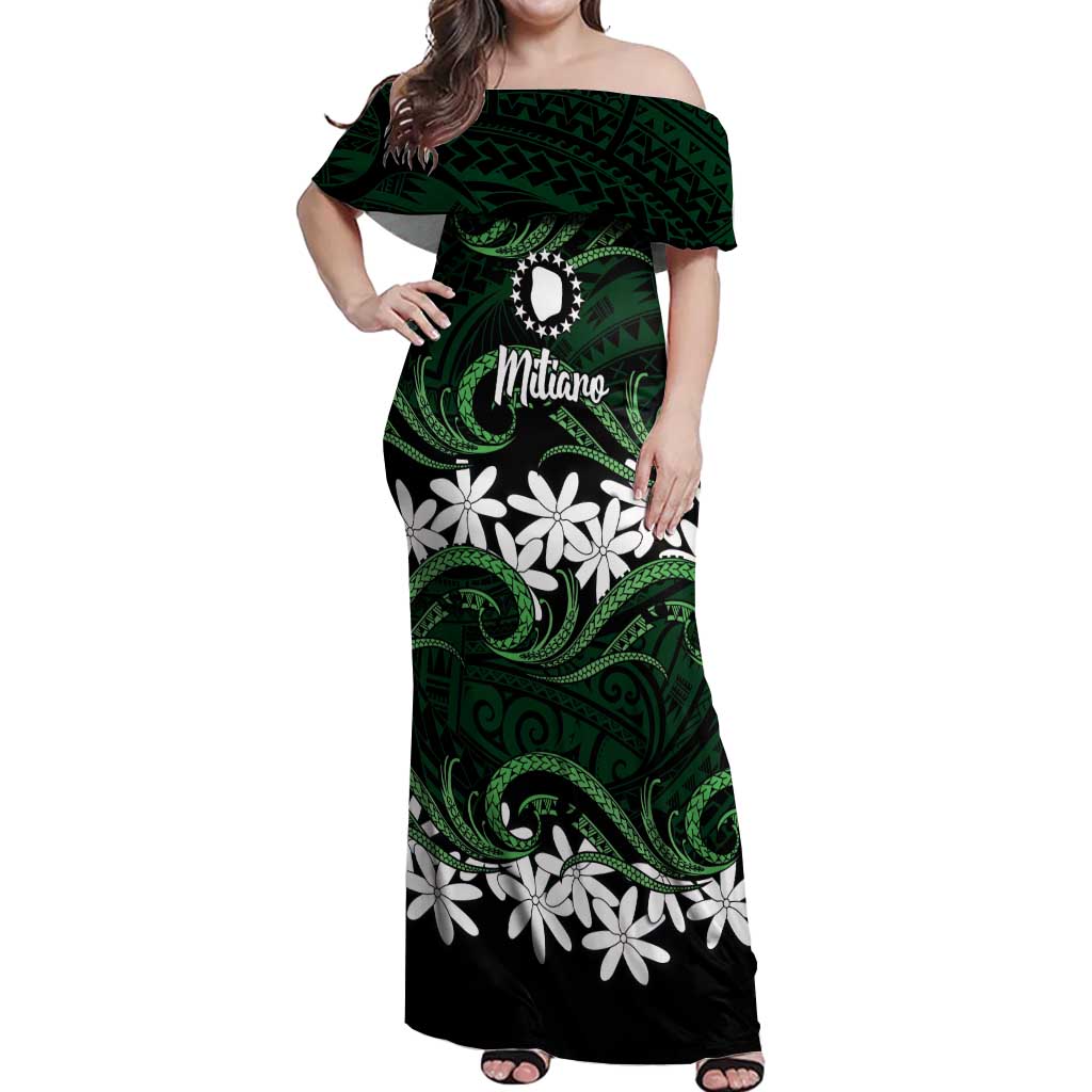 Personalised Cook Islands Mitiaro Off Shoulder Maxi Dress Tiare Maori Polynesian Waves Tattoo