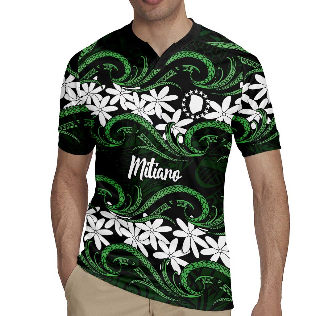 Personalised Cook Islands Mitiaro Rugby Jersey Tiare Maori Polynesian Waves Tattoo
