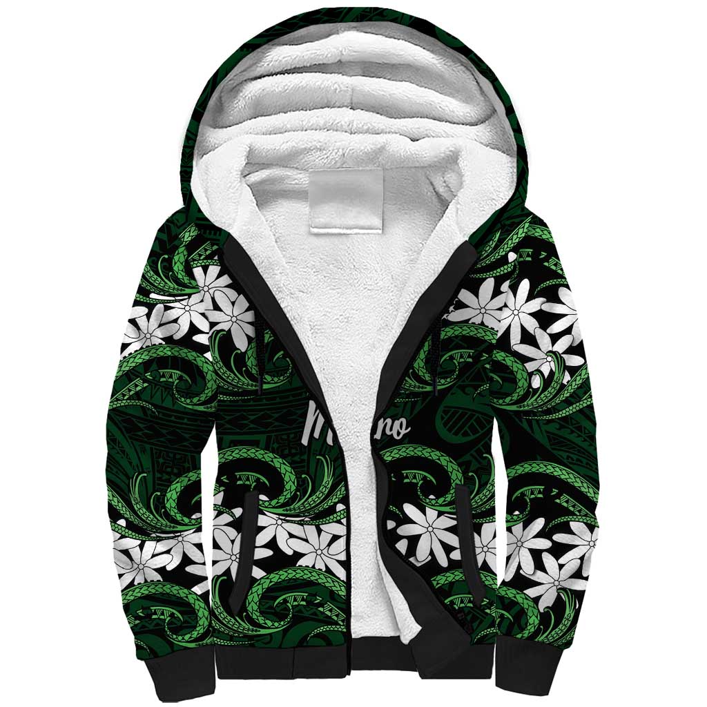 Personalised Cook Islands Mitiaro Sherpa Hoodie Tiare Maori Polynesian Waves Tattoo