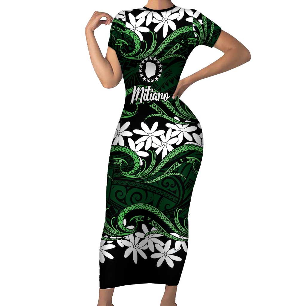 Personalised Cook Islands Mitiaro Short Sleeve Bodycon Dress Tiare Maori Polynesian Waves Tattoo LT14 Long Dress Green - Polynesian Pride