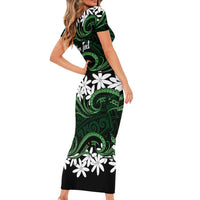 Personalised Cook Islands Mitiaro Short Sleeve Bodycon Dress Tiare Maori Polynesian Waves Tattoo LT14 - Polynesian Pride